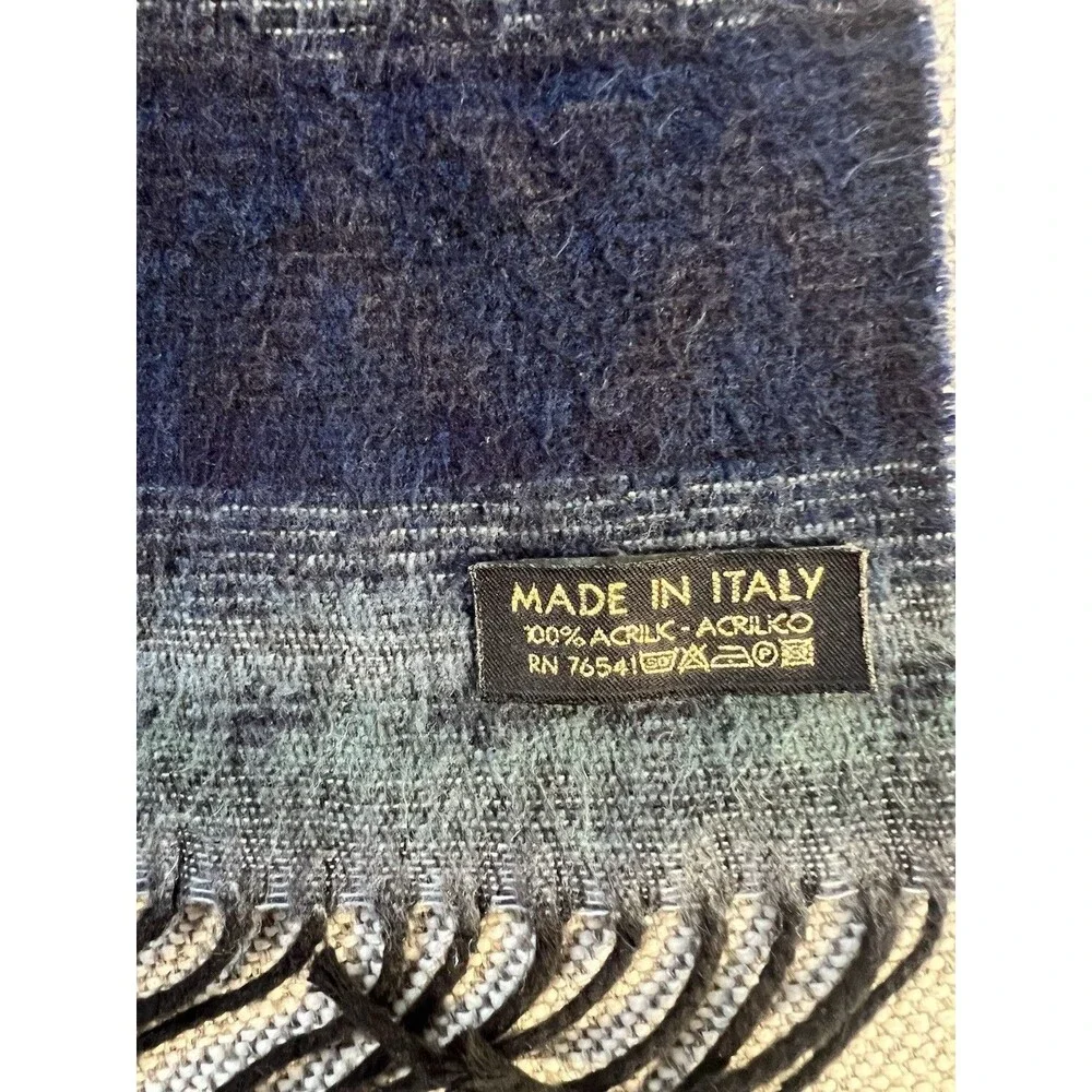 Made in Italy 100% Acrylic Woven Blue/Gray Striped Fringe Scarf 58 in